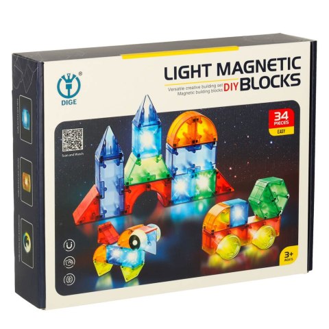 Klocki magnetyczne konstrukcyjne świecące elementy figury 3D 32el.